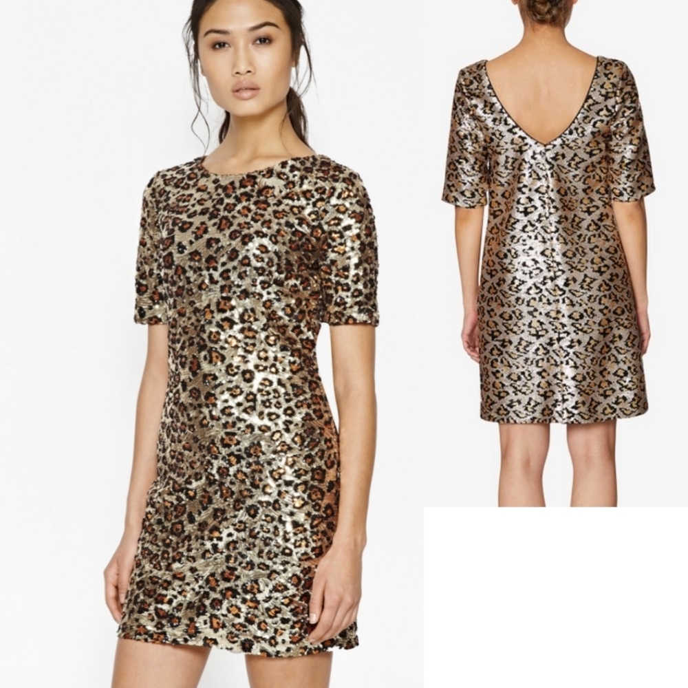 Betsey Johnson Gold and Black Leopard Sequin Shift Dress